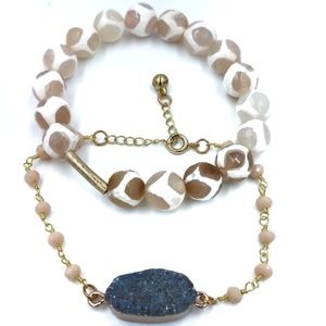 Druzy Stone Beaded Bracelet Set 2 Black Gold Tan